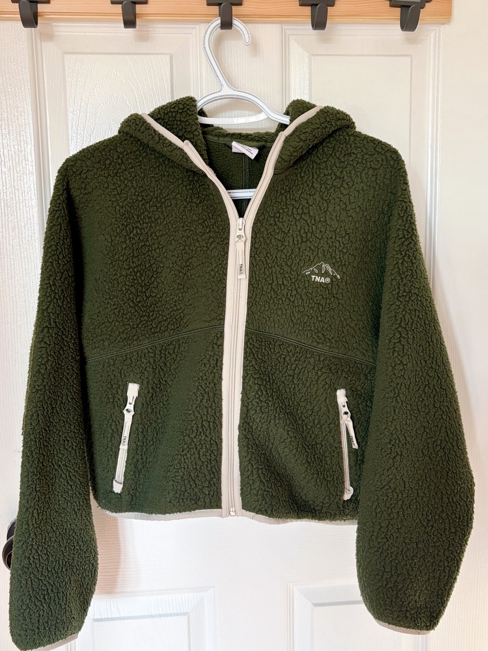 TNA Olive fleece Hooded Zip Jacket with Cream Trim
